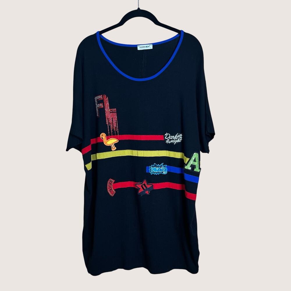 Darkwin Abstract Art to Wear Rhinestone Tunic Shirt Dress Florida Flamingo Large